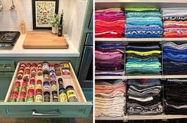 a spice drawer organized using liners / stacks of t shirts organized using clear dividers