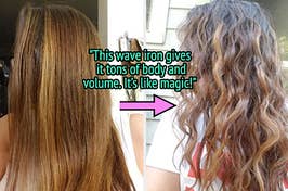 reviewer's straight hair before "This wave iron gives it tons of body and volume. It’s like magic!", and after using the waver