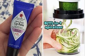 reviewer holding Jack Black lip balm / model using spiralizer on a cucumber 