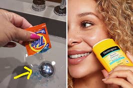 person dumping a packet of laundry detergent into sink, person applying solid sunscreen to face