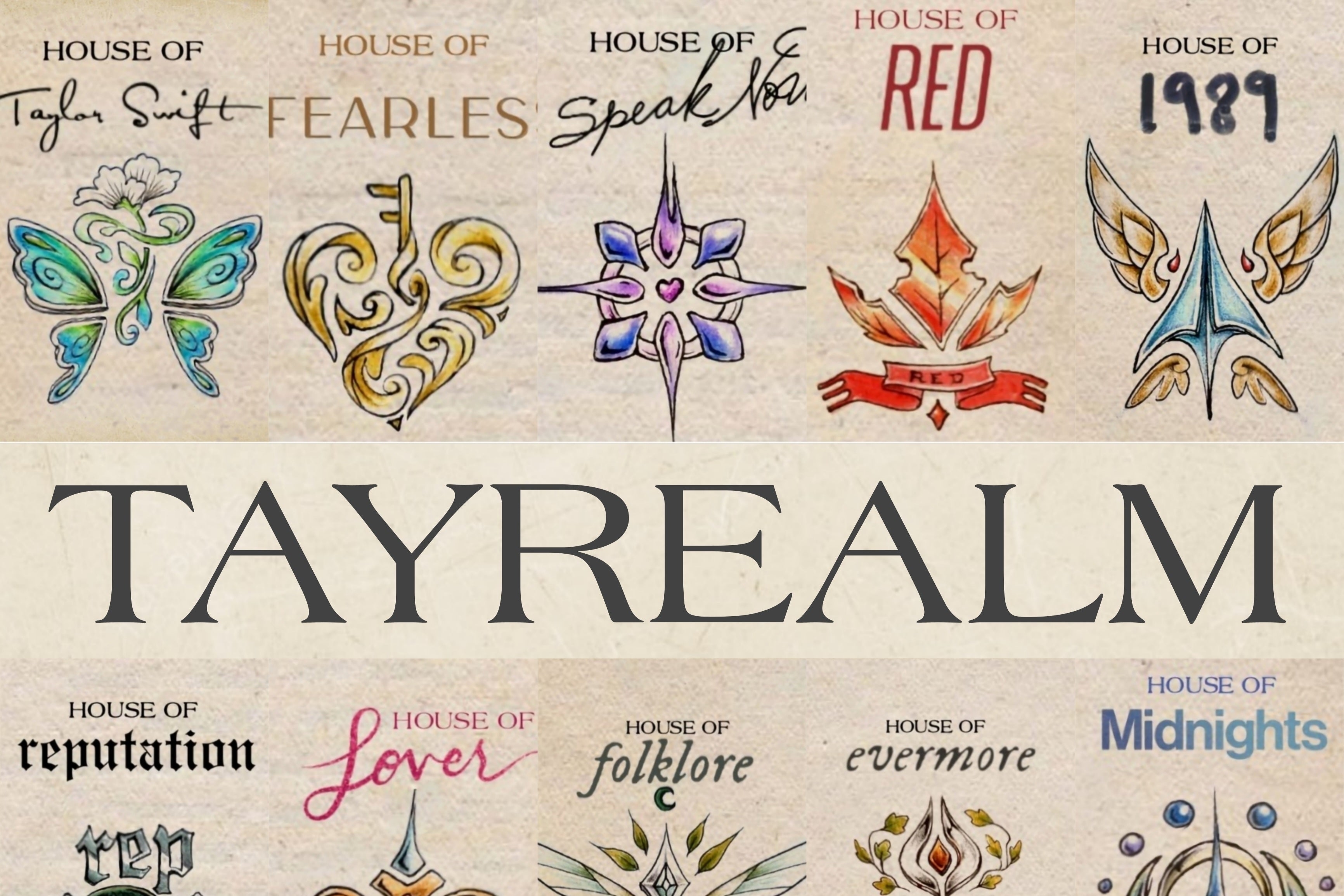 and image that reads Tayrealm in the middle with a symbol for each of Taylor Swift&#x27;s albums surrounding it