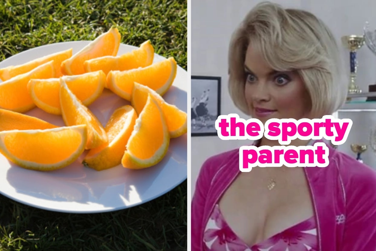 On the left, some orange slices on a plate on the grass, and on the right, Missi Pyle raising her eyebrows while wearing a velvet tracksuit as Mrs. Beauregarde in Charlie and the Chocolate Factory labeled the sporty parent