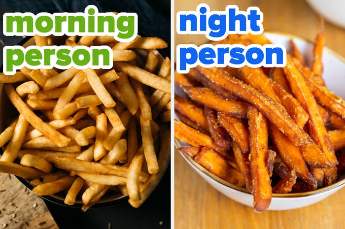 On the left, some fries labeled morning person, and on the right, some sweet potato fries labeled night person