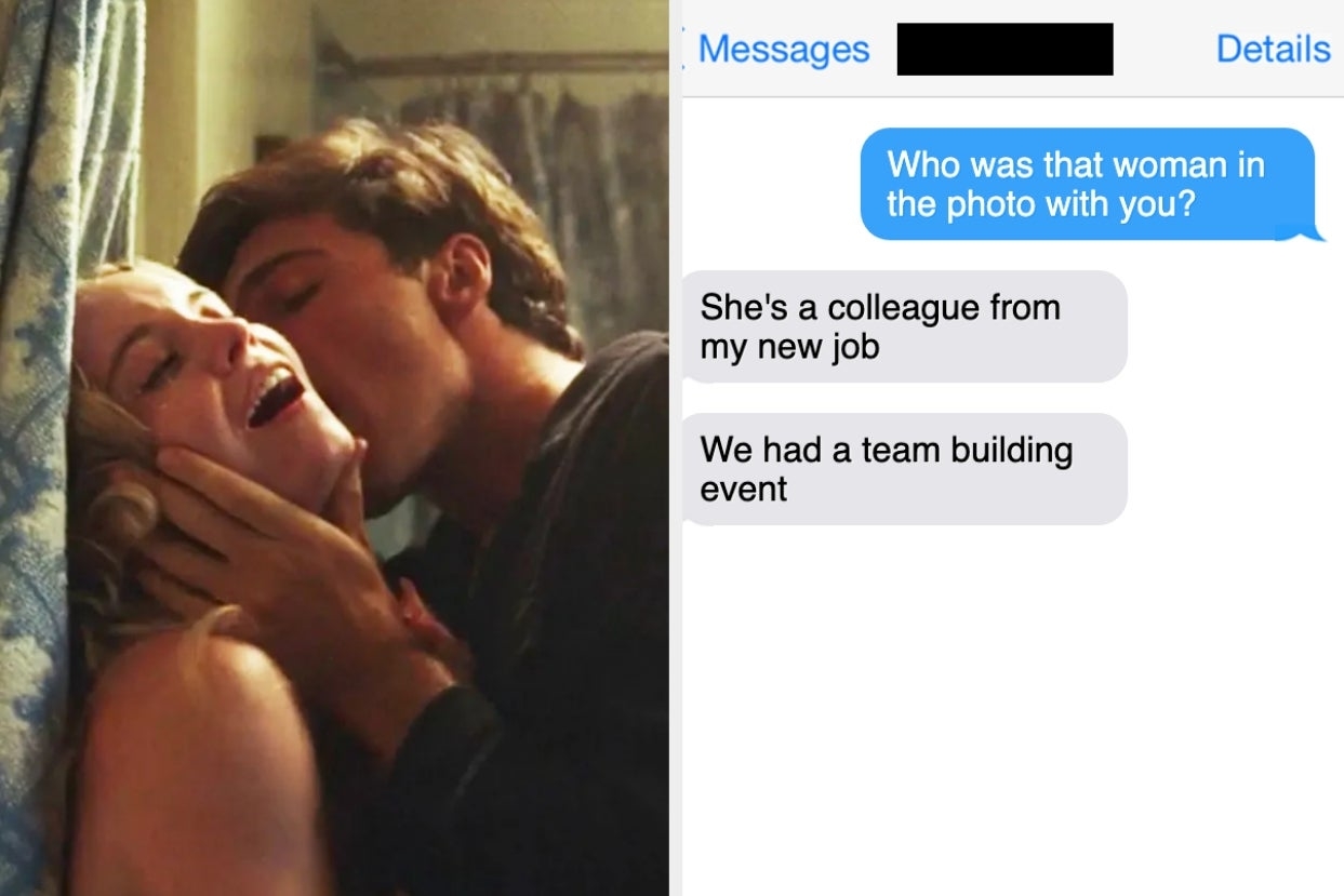 On the left, Nate and Cassie from Euphoria making out, and on the right, a screenshot of a text message where someone says who was that woman in the photo with you and someone else replies she&#x27;s a colleague from my new jpb, we had a team building event