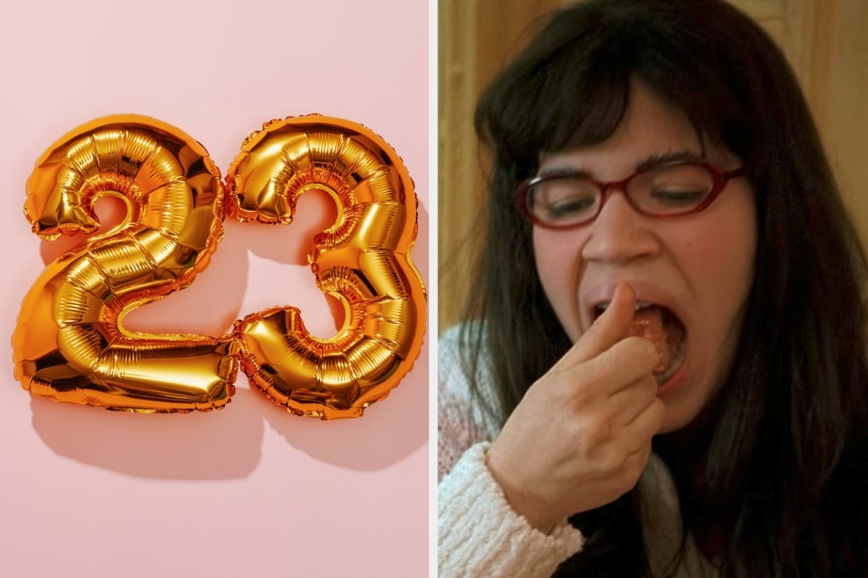 On the left, a 2 balloon and a 3 balloon, and on the right, America Ferrera eating flan as Betty on Ugly Betty