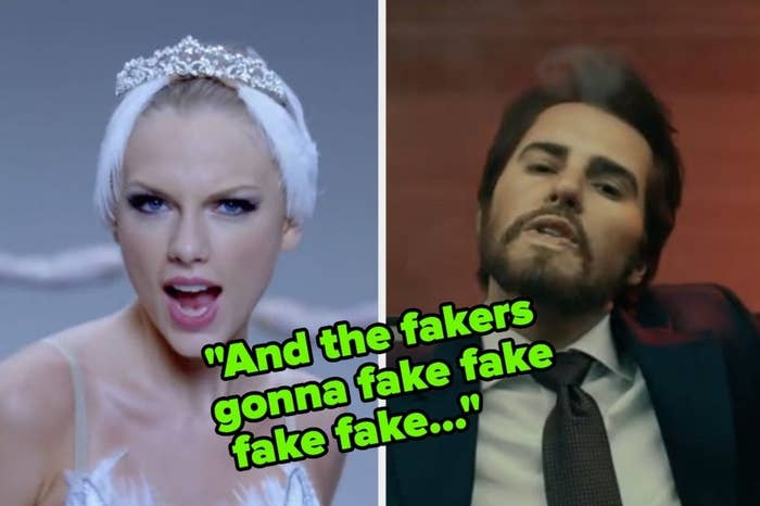 On the left, Taylor Swift in a ballerina costume in the Shake It Off music video, and on the right, Taylor dressed like a man in the The Man music video with and the fakers gonna fake fake fake fake... typed in the middle