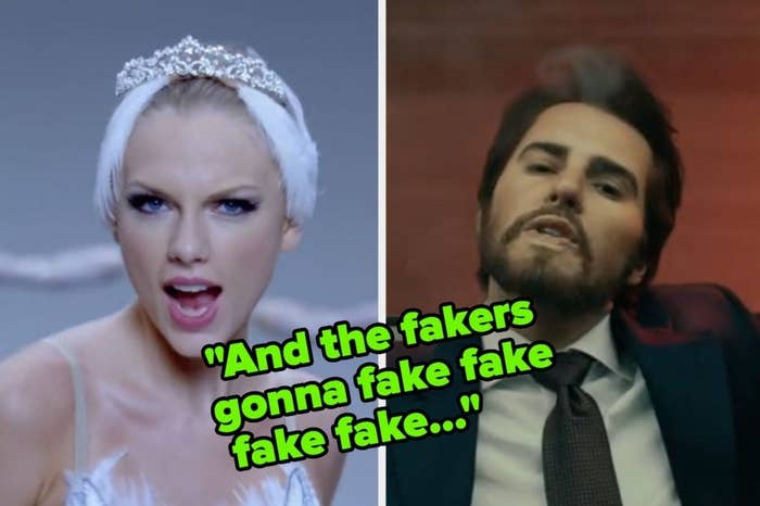 On the left, Taylor Swift in a ballerina costume in the Shake It Off music video, and on the right, Taylor dressed like a man in the The Man music video with and the fakers gonna fake fake fake fake… typed in the middle