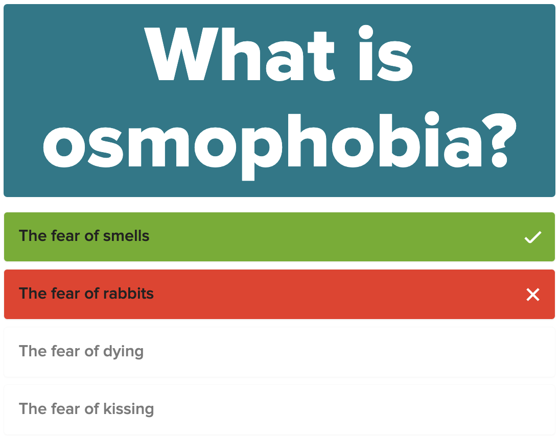 A screenshot of the question what is osmophobia with the incorrect answer the fear of rabbits selected and the fear of smells being shown as the correct answer