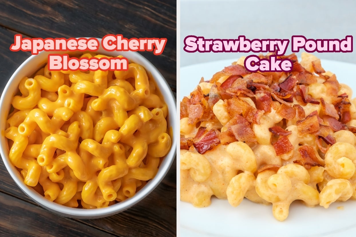 On the left, some cavatappi mac and cheese labeled Japanese Cherry Blossom, and on the right, some macaroni with bacon pieces on top labeled Strawberry Pound Cake