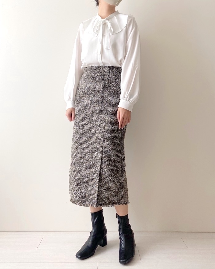 GUのオススメのスカート「ツイーディミディスカートZ+E」のコーディネート