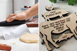 Model using the scraper to move dough on a cutting board / A wood cutout of a chicken on a pig on a cow with a fish under it showing the temperature for each of those meats
