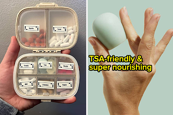 Reviewer holding their pill travel case and model holding the Kate McLeod facial moisturizing stone with words "TSA-friendly & super nourishing"