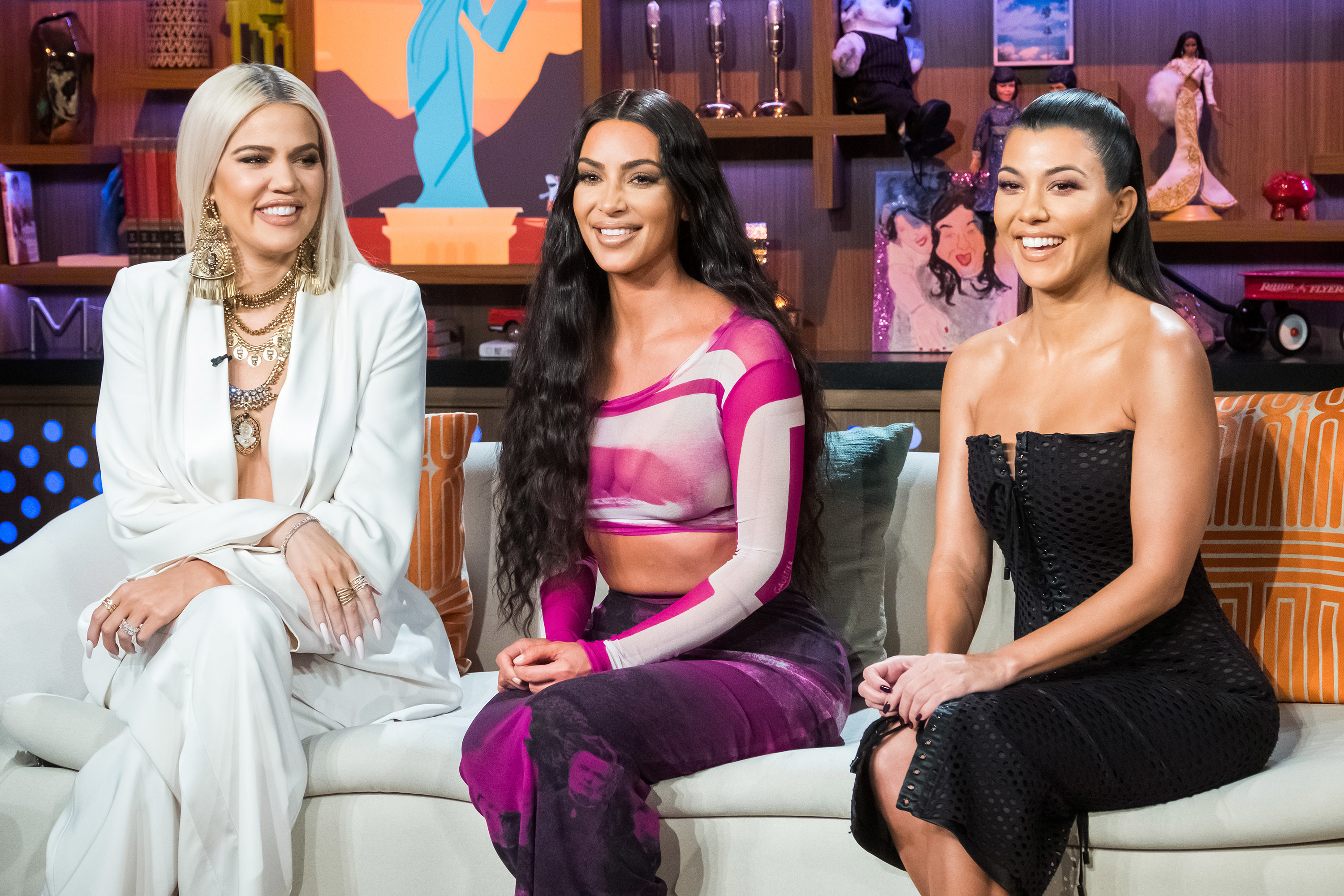 khloe, kim, and kourtney sitting for an interview