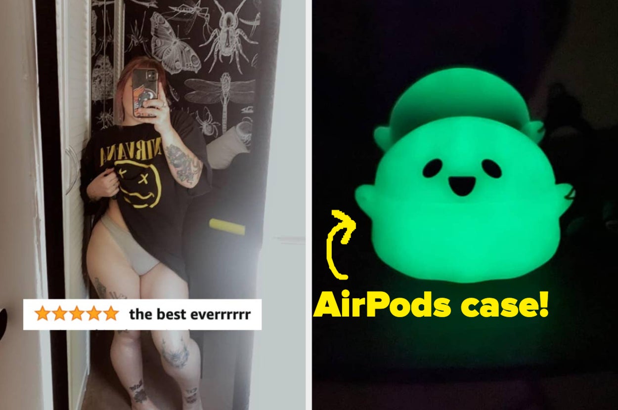 a reviewer wearing a thong with text "the best ever" / a glow in the dark ghost airpods case