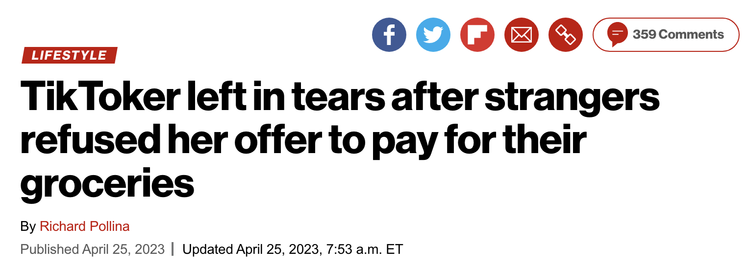 headline reading, tiktoker left in tears after strangers refused her offer to pay for their groceries