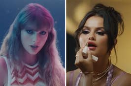 On the left, Taylor Swift in the Lavender Haze music video, and on the right, Selena Gomez applying lipstick in the Single Soon music video