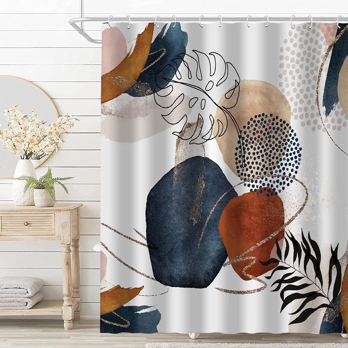 White shower curtain with colorful abstract print