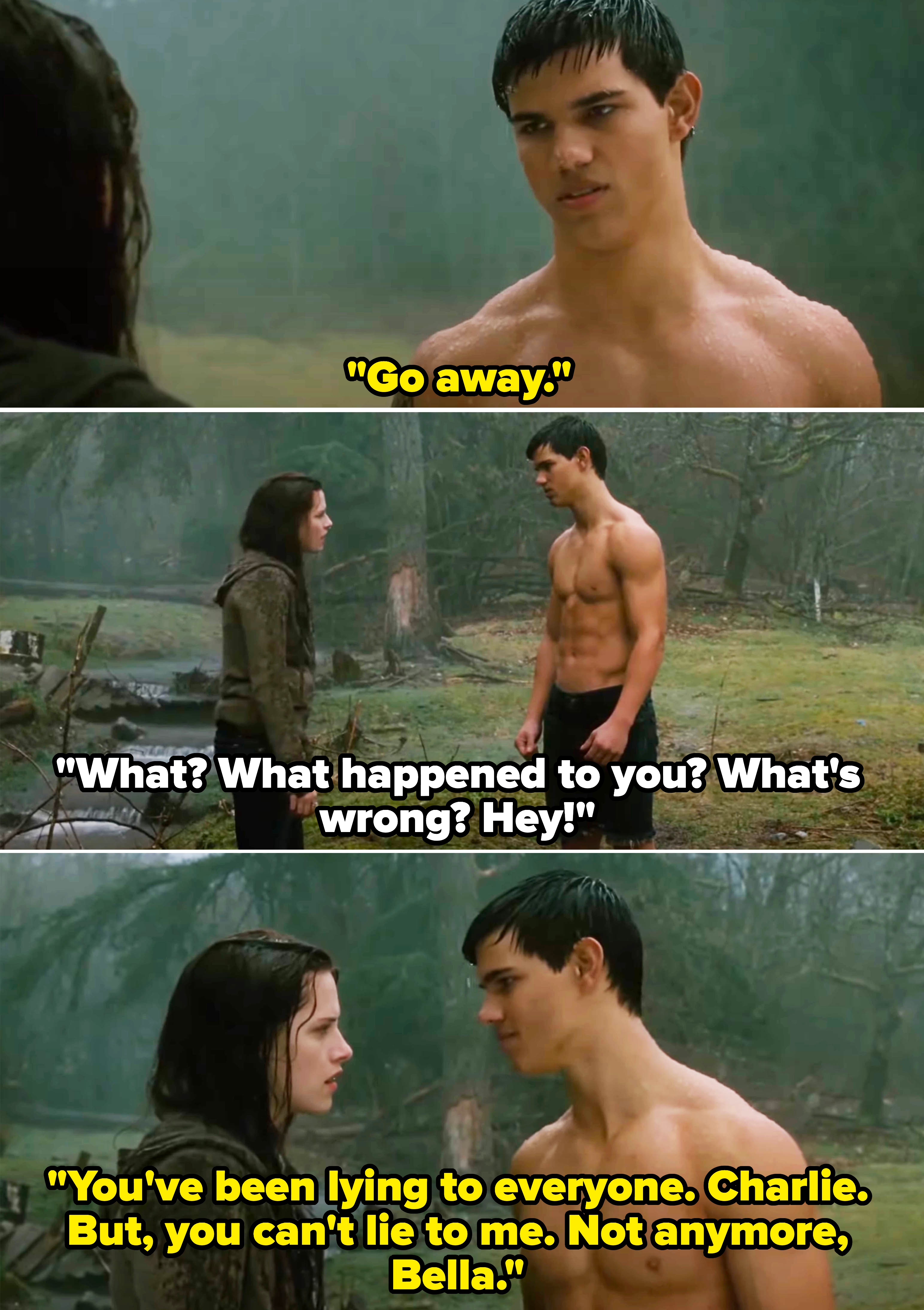 his character talking to bella without a shirt on