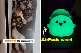 a reviewer wearing a thong with text "the best ever" / a glow in the dark ghost airpods case