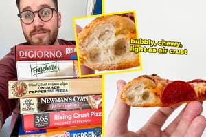 author holding several boxes of frozen pizza brands and a close-up image of crust cross-section with text: "bubbly, chewy, light-as-air crust"