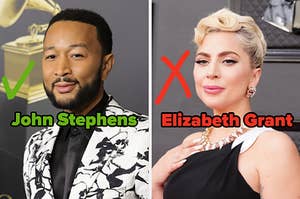 On the left, John Legend labeled John Stephens with a check mark next to his face, and on the right, Lady Gaga labeled Elizabeth Grant with an x drawn by her face