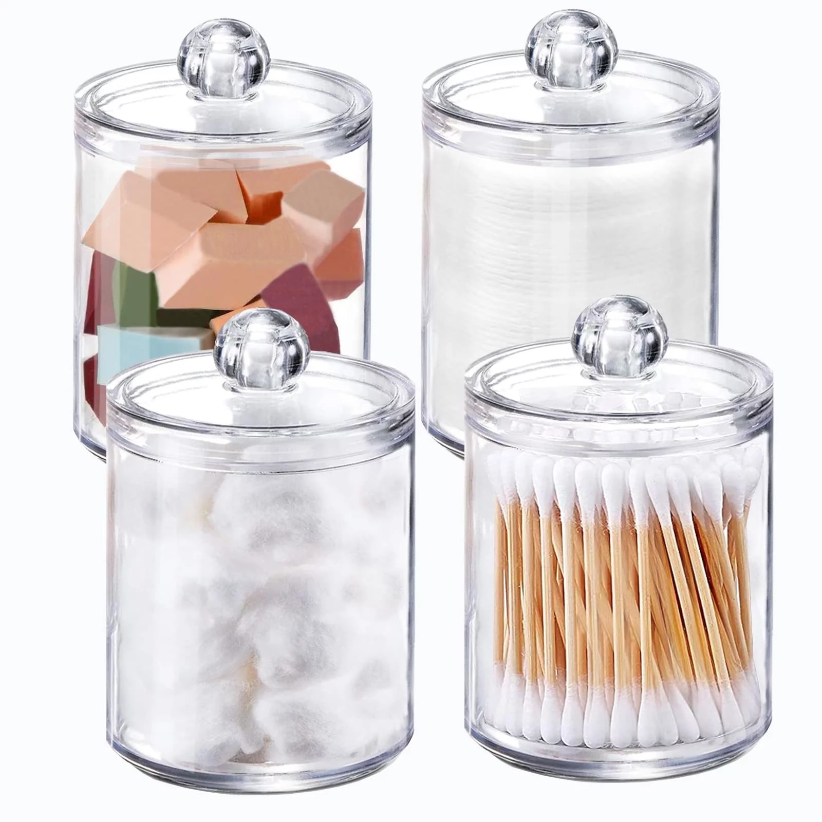 set of four clear jars with lids with q-tips and cotton inside