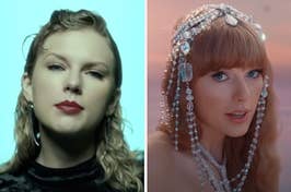 On the left, Taylor Swift raising her eyebrows in the Look What You Made Me Do music video, and on the right, Taylor wearing a bejeweled headpiece in the Karma music video