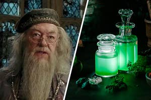 Dumbledore and a green glowing potion.