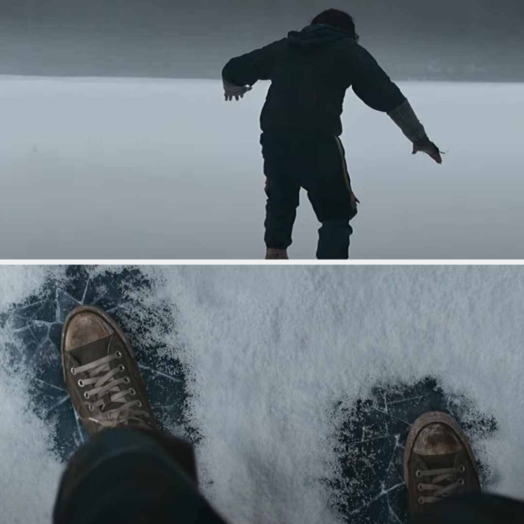 person walking on cracking ice