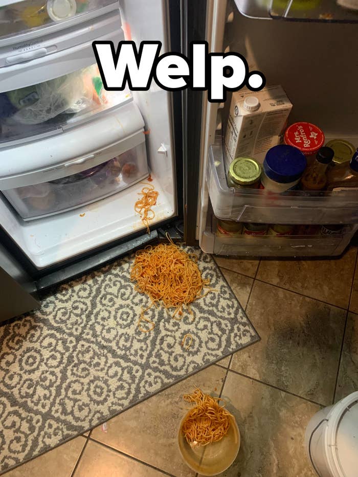 Spilled spaghetti next to a refrigerator