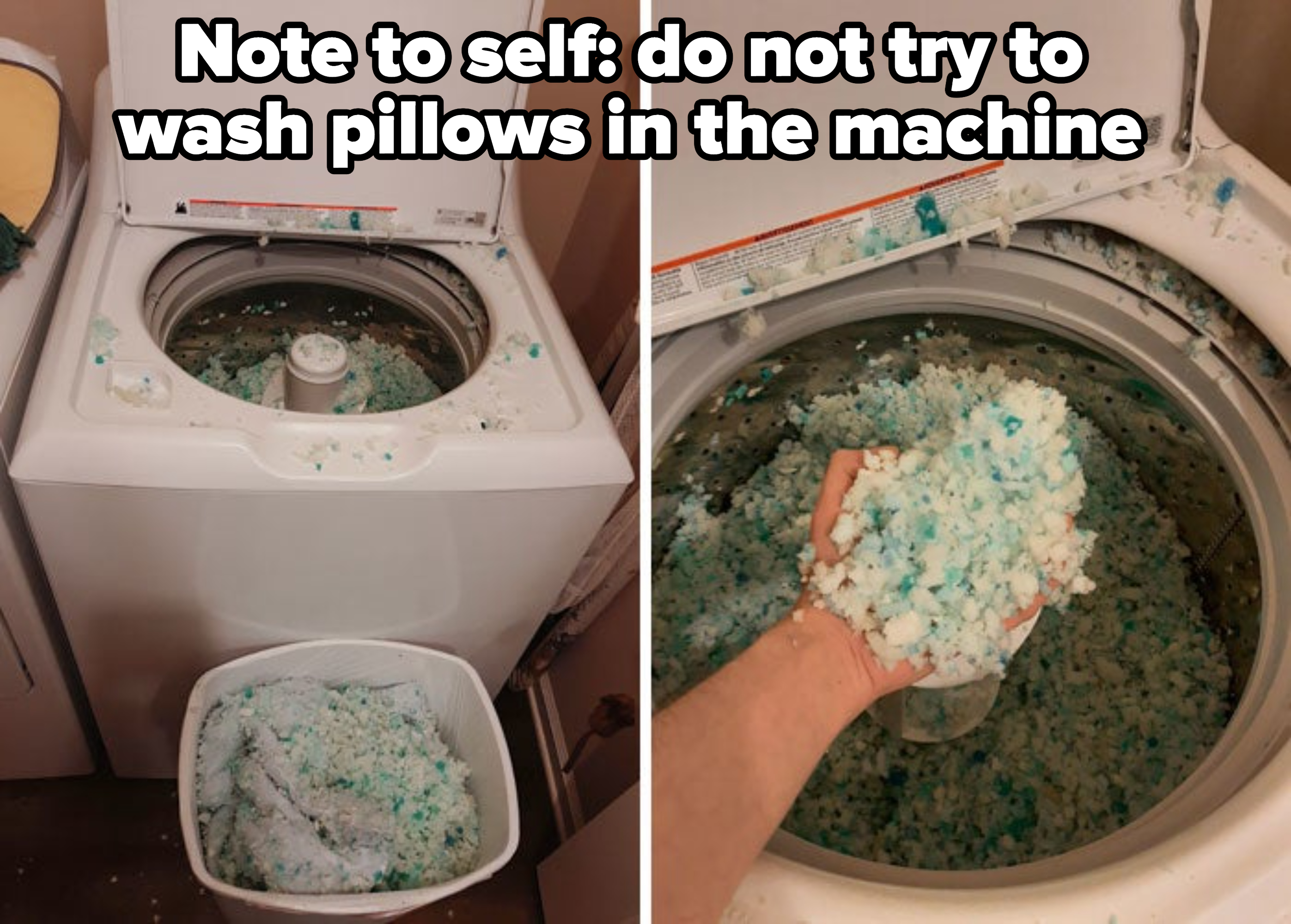 A ruined pillow in the washing machine