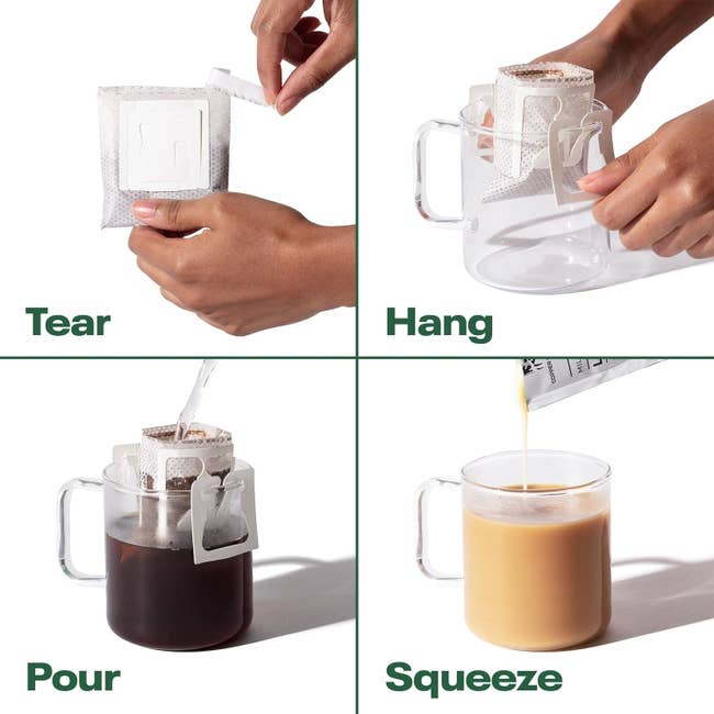 four photos: tear open the package, hang it in your coffee mug, pour in boiling water, squeeze in condensed milk packet