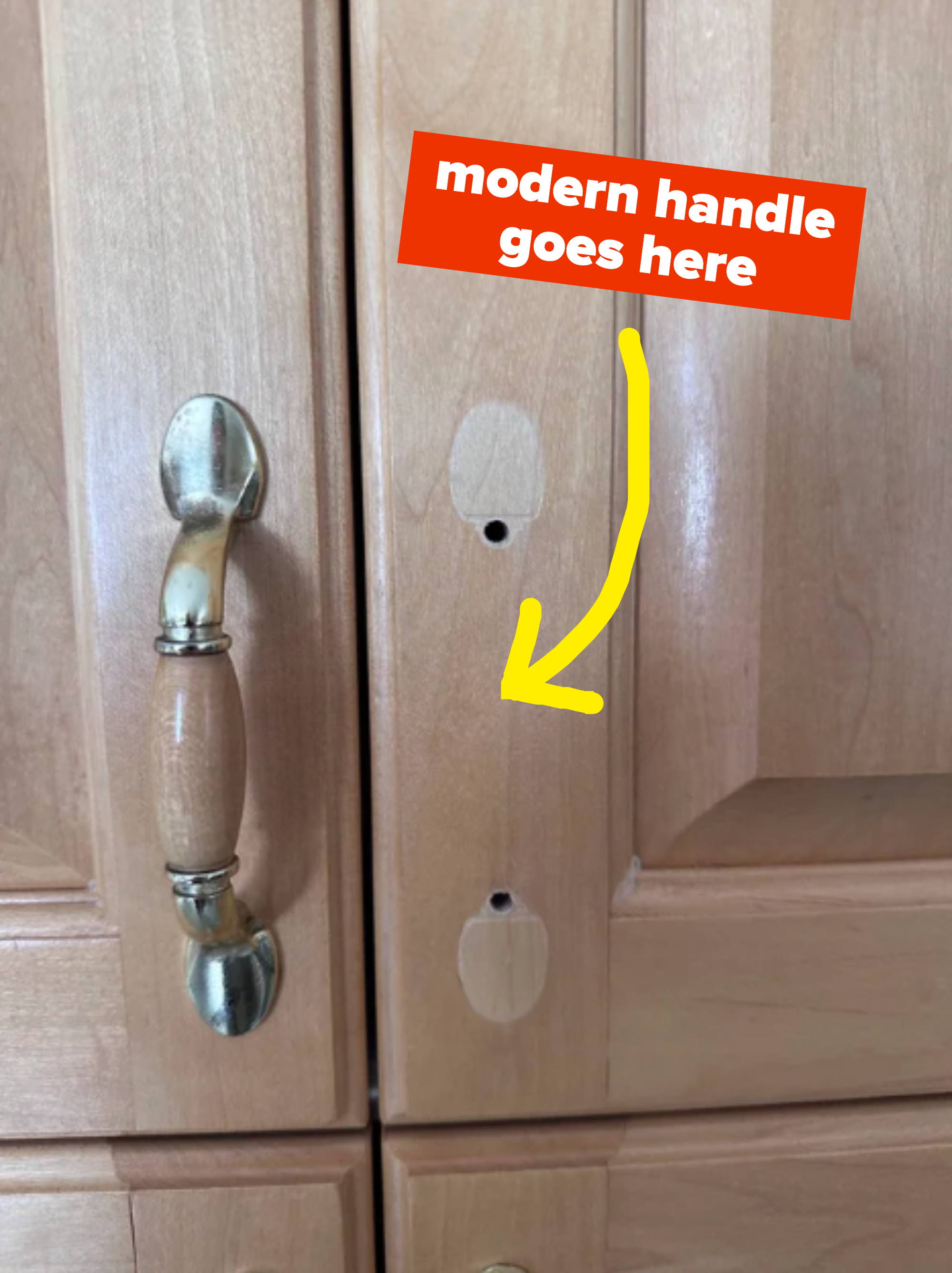 missing cabinet handle with text saying modern handle goes here