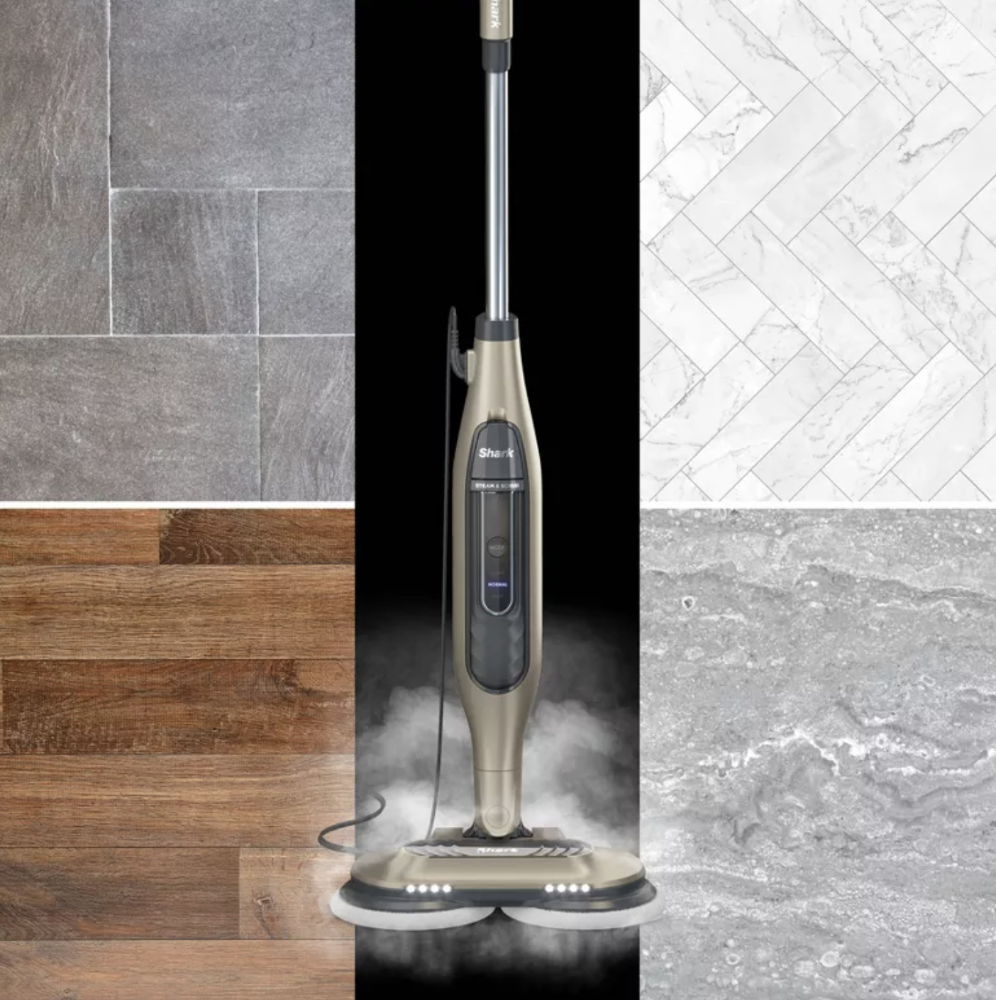 a scrubbing steam mop overlaying images of wood, tiled, and marble floors