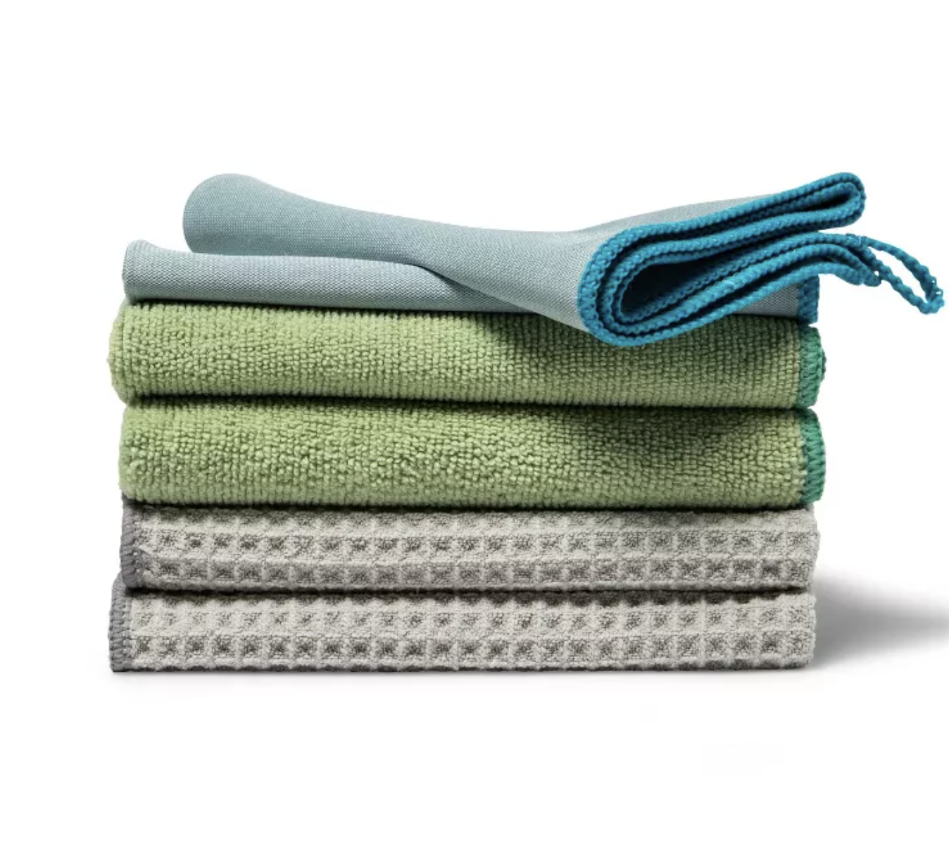 a stack of three differently textured microfiber towels