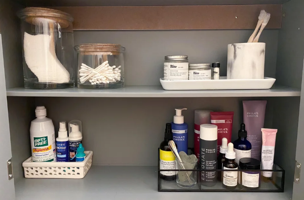 neatly organized toiletries and accessories in a bathroom