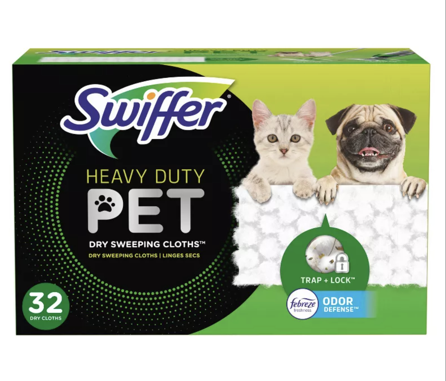 a package of heavy duty pet dry sweeping cloths with a dog and cat