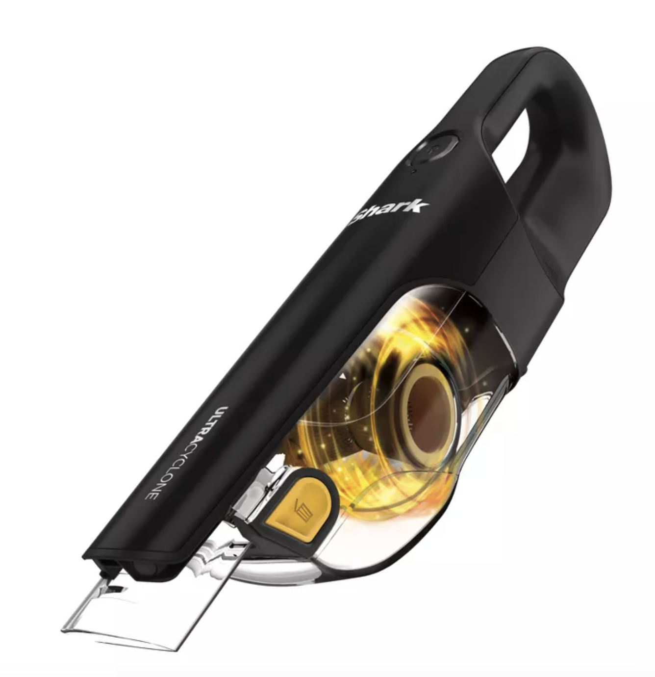 A black cordless vacuum with yellow buttons