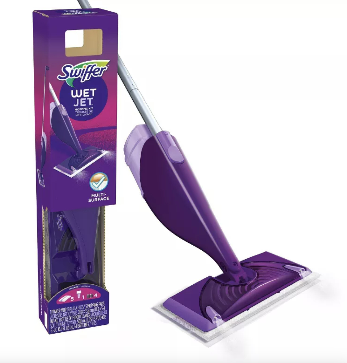 A Swiffer wet jet with its packaging