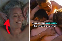 Side-by-sides of Emma Thompson in bed + the cast of Sense8 hooking up