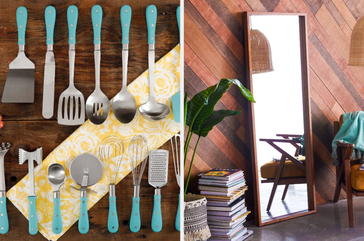 on left: blue cooking utensils set. on right: brown rectangle-shaped mirror