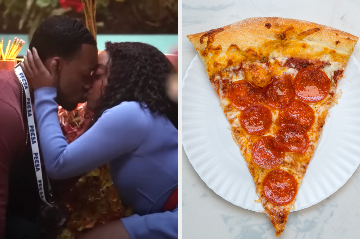 On the left, Gregory and Janine from Abbott Elementary kissing, and on the right, a slice of pepperoni pizza on a paper plate