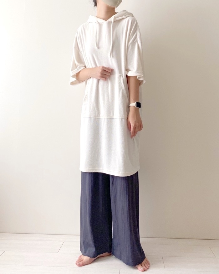 無印良品のオススメのパンツ「ワイドリブ ロングパンツ」のコーディネート