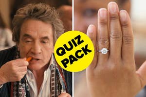 On the left, Martin Short eating a carrot with hummus as Oliver on Only Murders in the Building, and on the right, someone showing off their diamond engagement ring with a quiz pack badge in the middle