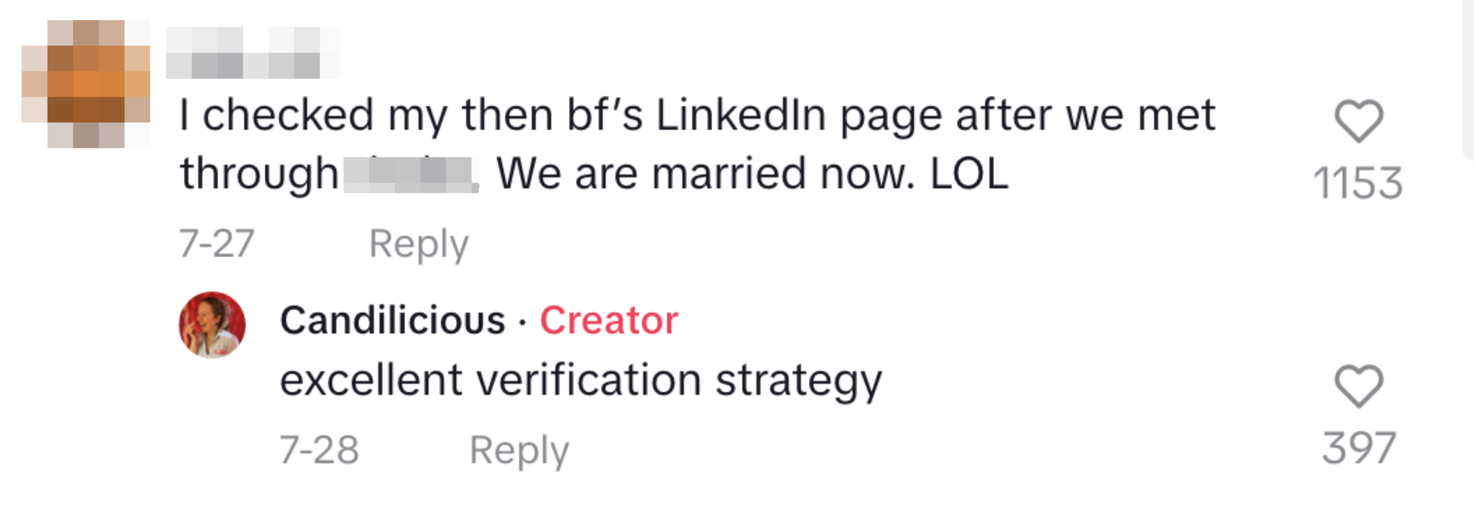 TikTok comment about checking a partner&#x27;s LinkedIn after meeting through another dating app