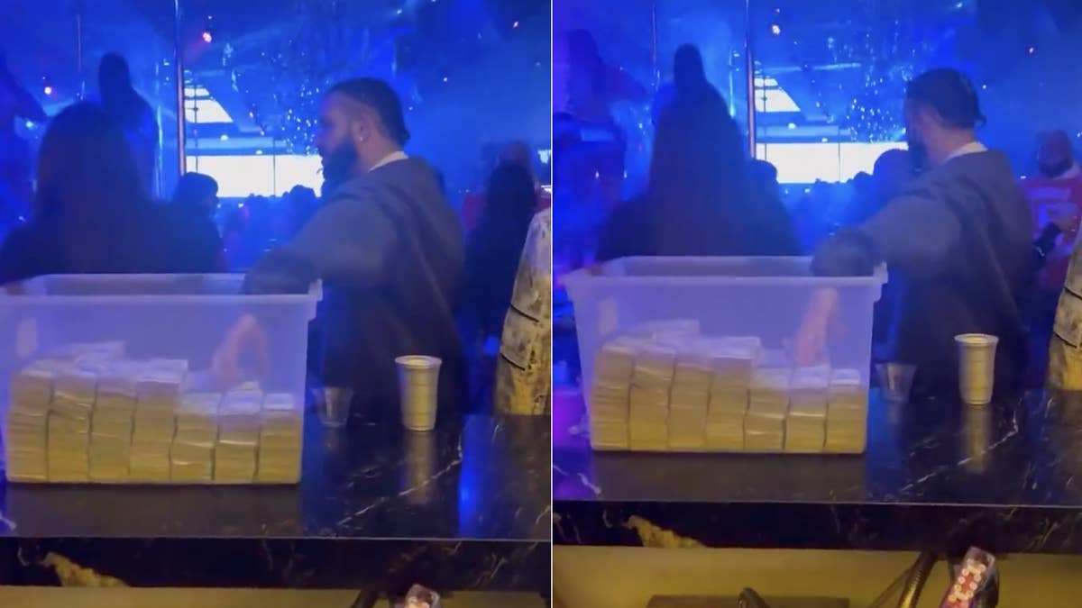 While in town for his It's All a Blur Tour, the rapper kept stacks of cash at his disposal while inside an Atlanta strip club by using a trusty plastic bin.