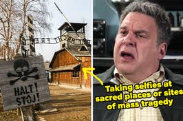 picture of auschwitz and shocked reaction captioned "Taking selfies at sacred places or sites of mass tragedy"