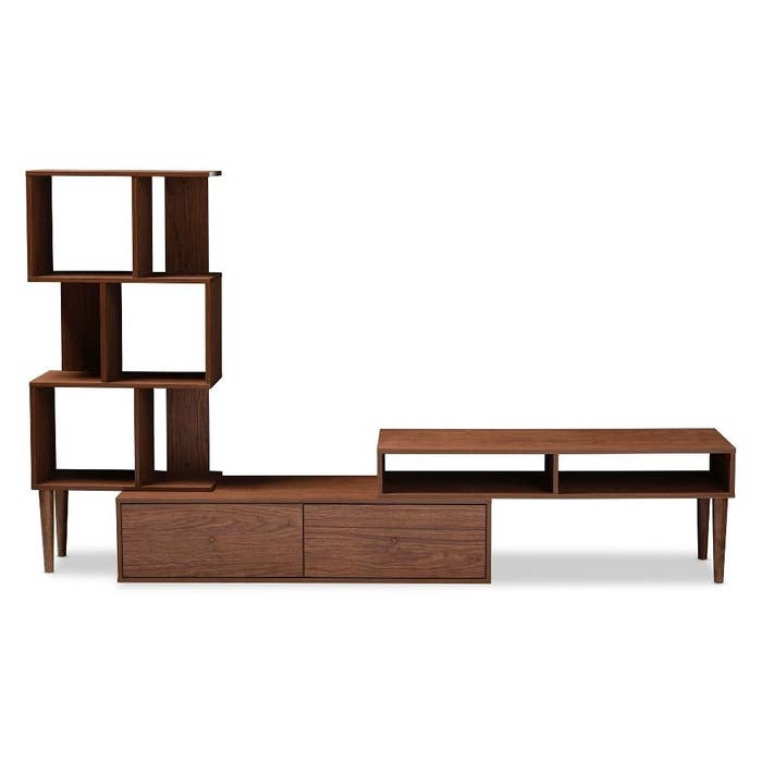 Wooden mid-century modern style all-in-one TV stand, display case, and storage unit