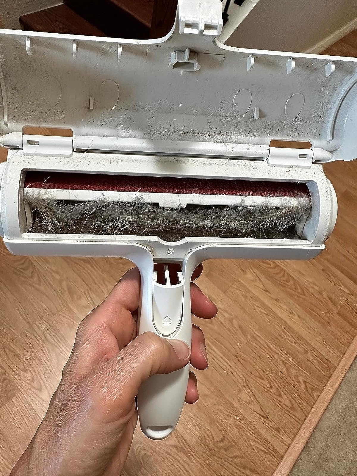 Reviewer holding the pet hair remover with the collected hair in the inside chamber