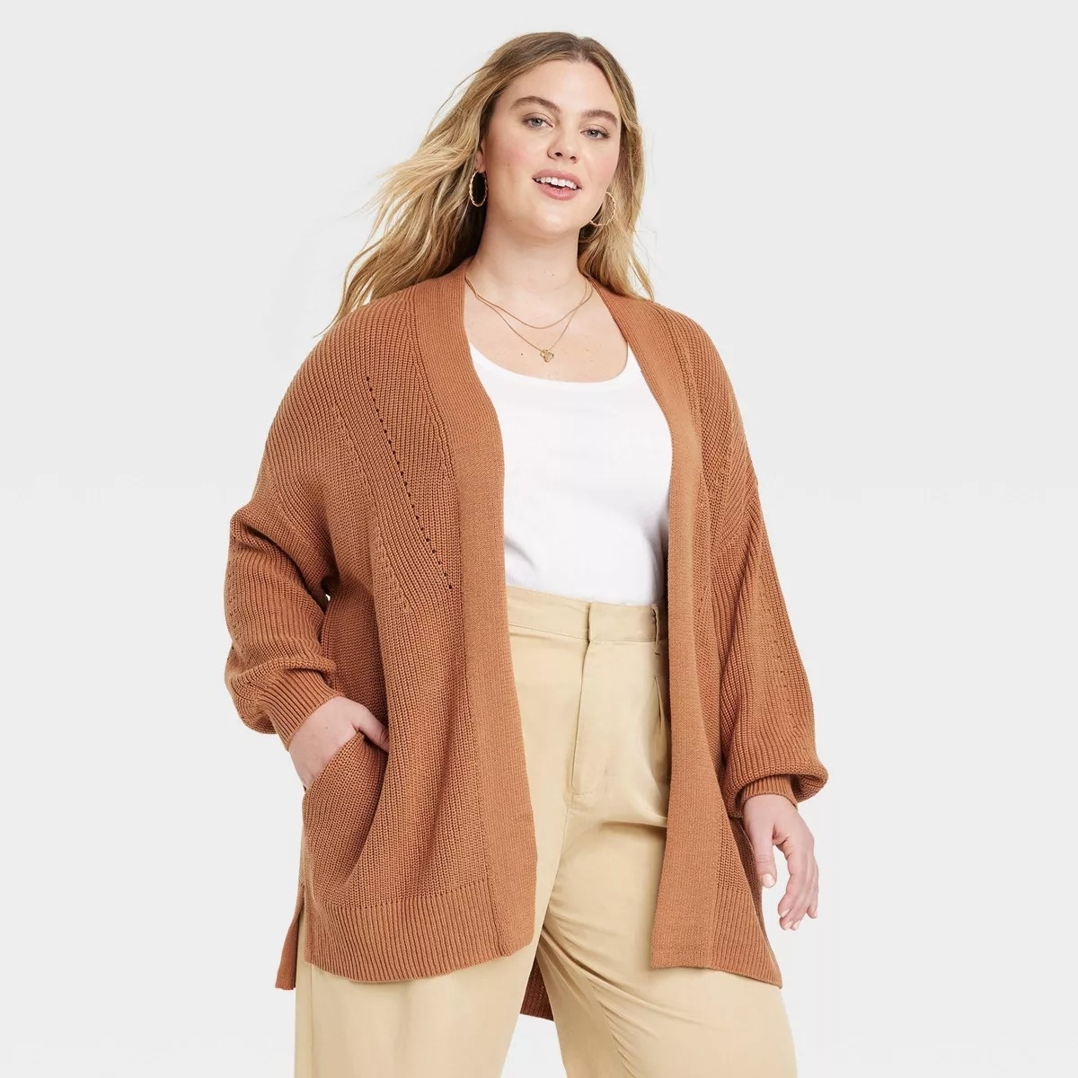 open front cardigan on model